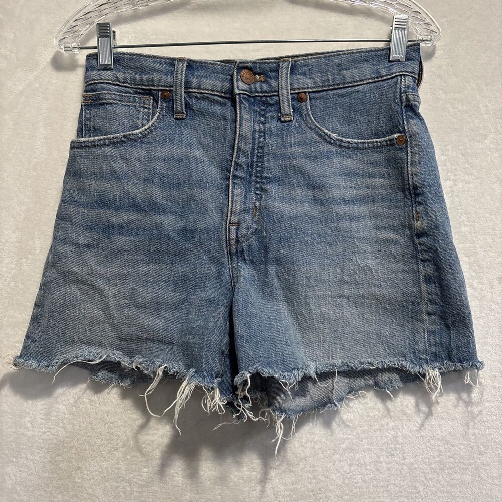 Madewell High Rise Denim Shorts Medium Blue Wash Frayed Raw Hem Women's Size 27
